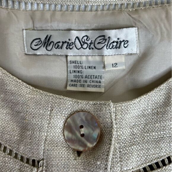Vintage Marie St Claire Linen Button Front Neutral Tan Sheath Dress Women 12 - Picture 7 of 12